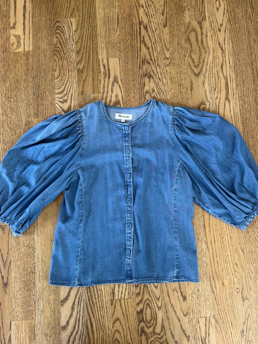 Denim Look Button-Front Puff Sleeve Top - Blue